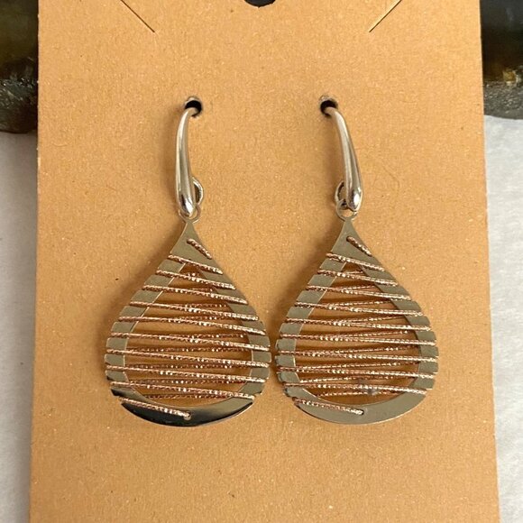 Sterling Silver 925 Italy Modernist Brass Woven Accent Teardrop Dangle Earrings - Picture 2 of 16